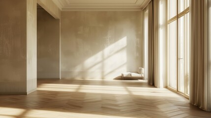 A spacious empty room interior background featuring a minimalist design with clean lines, neutral colors, and abundant natural light
