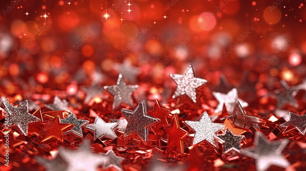 Poster abstract shiny background with red glitter. scattered confetti sparkles with bright and vibrant red 
