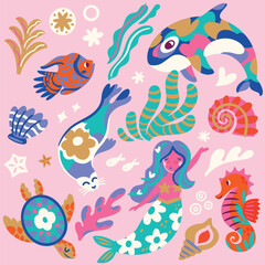 Collection of wonderful whimsical ocean creatures. Yogurt palette. Vector illustration - 748909624