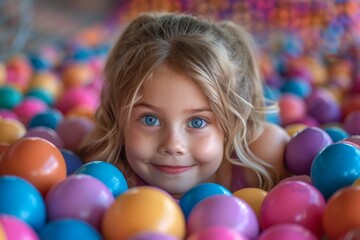Fototapeta na wymiar Delighted young girl submerged in multicolored balls in a playful indoor setting
