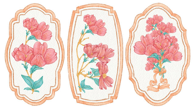 Ilustración de etiquetas retro con flores en textura de crayón 