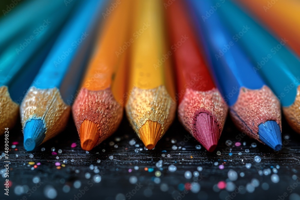 Poster macro shot emphasizing the texture and bright colors of sharpened pencils on a dark background, symb