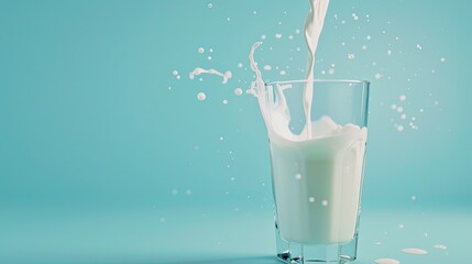 Pouring organic milk in glass on blue background. From farm to glass: Celebrating World Milk Day with a refreshing pour of organic goodness.