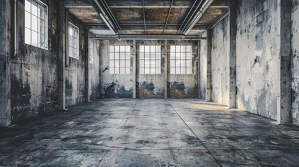 A spacious empty room interior background with a minimalist industrial design aesthetic