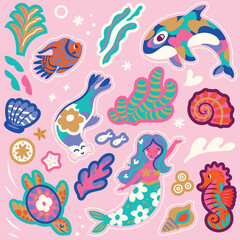 Sticker collection of wonderful whimsical ocean creatures. Yogurt palette. Vector illustration