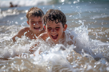 Obraz premium Joyful Children Playing in Seashore Waves During Summer