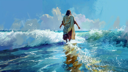 A painting of Jesus Walking On Water Across the Sea of Gallilee as in the Bible New Testament