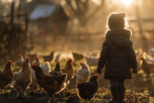 Portrait of little girl feeding chickens in allotment