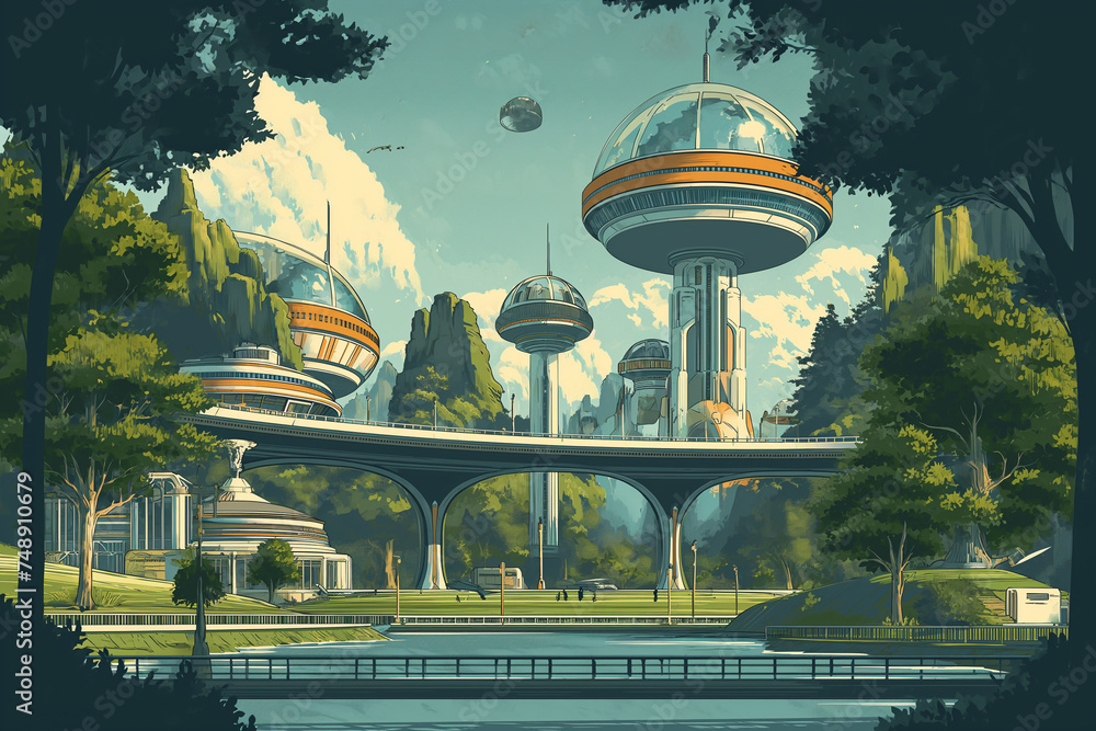 Poster retrofuturistic landscape in mid-century sci-fi style. retro science fiction scene with futuristic c