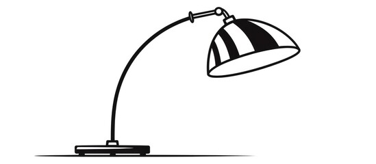 A detailed black and white drawing showcasing a desk lamp icon. The lamp is depicted in a classic style, with a base, stand, and shade. The lines and shading give a realistic impression of the lamps