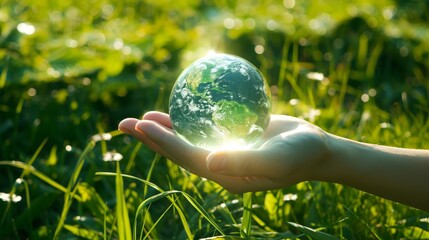 Earth globe in person hand isolated at natural environment, green grass, nature, translucent overlapping, solar panel and green energy, nature-inspired imagery, sparkling water reflections.