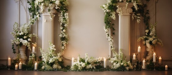 Fototapeta na wymiar A wedding arch beautifully dressed with lush flowers, greenery, and flickering candles, creating a romantic ambiance for a luxury ceremony or celebration in a banquet area.