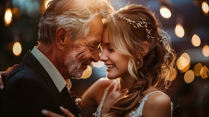 Father and daughter share a heartfelt moment on wedding dance floor. Concept Wedding Reception, Father-Daughter Dance, Emotional Moment, Family Love, Memorable Event - obrazy, fototapety, plakaty