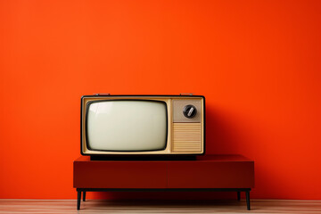 Old and vintage retro red tv on the red background with some reflection on the display and grain filters for vintage look, copyspace.  - obrazy, fototapety, plakaty