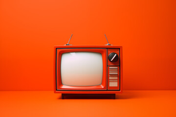 Old and vintage retro red tv on the red background with some reflection on the display and grain filters for vintage look, copyspace. 
