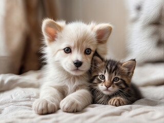 Fototapeta na wymiar A white puppy and a grey kitten are sitting on a white blanket