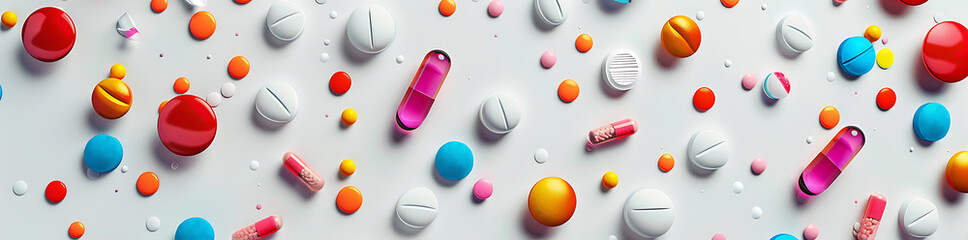 Various colored pills are spread out on a white background - obrazy, fototapety, plakaty