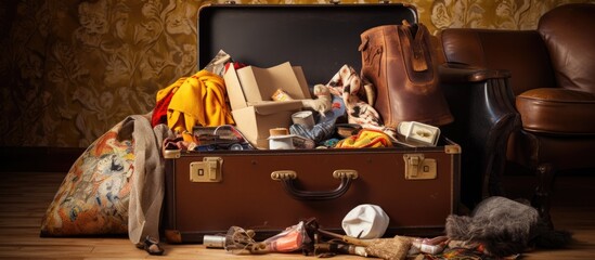 A suitcase filled with neatly folded clothes and various items, ready for relocation or travel. The items are tightly packed and organized within the suitcase,