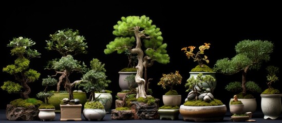 A variety of small bonsai trees and shrubs, along with gardening accessories, displayed in a home decoration garden setting.