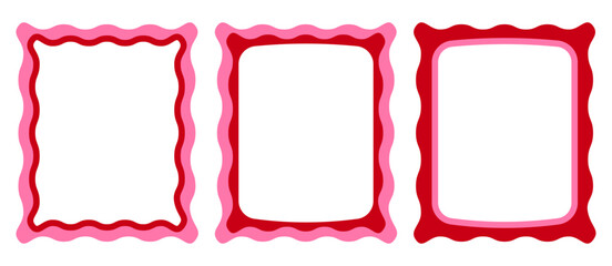 Fototapeta premium Wave frames blank template set isolated on white background. Set of smooth square with wavy line. Collection of text box in red and pink color