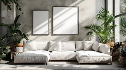 White Sofa in Stylish Loft Interiors with Plants