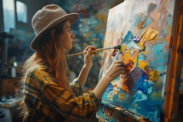 Female Artist Creating Colorful Abstract Art in Studio