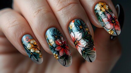 Colorful Floral Nail Art with Luminous Watercolor - obrazy, fototapety, plakaty