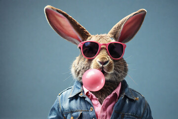 Funny rabbit wearing jeans jacket and pink sunglasses with chewing gum. - obrazy, fototapety, plakaty