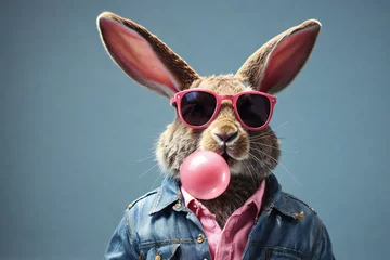 Foto op Aluminium Funny rabbit wearing jeans jacket and pink sunglasses with chewing gum. © Юлия Васильева