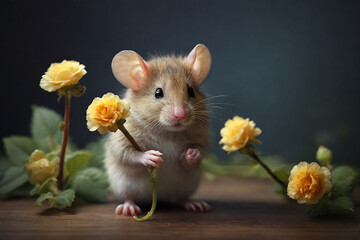 Cute little mouse with yellow flowers on a dark background.