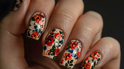 Folk Art Inspired Floral Nails Hand Manicure