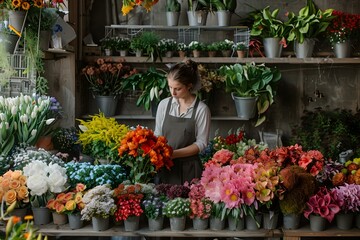 Woman in Flower Shop Selling Fresh Bouquets