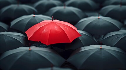 Red Umbrella Standing Out in a Crowd of Black Umbrellas