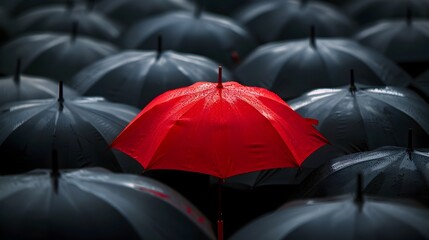Red Umbrella Standing Out in a Sea of Black Umbrellas