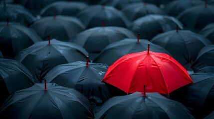 Red Umbrella Among Black Umbrellas in the Rain
