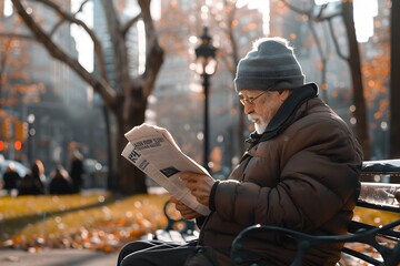 Elderly Man Reading Newspaper on Bench in NYC Park - obrazy, fototapety, plakaty