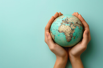 Woman's Hands Holding Globe on Solid Light Blue Background