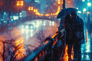 Man Kissing Woman with Umbrella in Atmospheric Cityscape at Night
