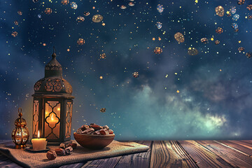 Lantern and dates. Ramadan theme, Eid al-Fitr, illustration style, night sky background