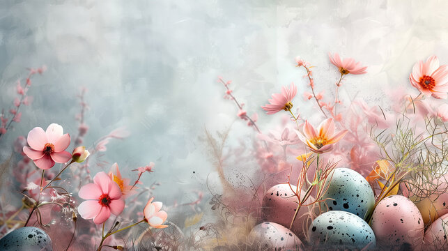 Spring flowers and Easter eggs on a dreamy Easter background, painted with soft watercolor paints that convey the delicate beauty of the bright Easter holiday