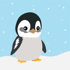 Charming Cartoon Penguin Standing on Snow Under Falling Snowflakes