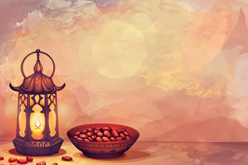 Lantern and dates. Ramadan theme, Eid al-Fitr, illustration style