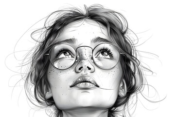 Funny Girl. Black and White Ink Illustration
