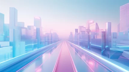 Foto op Canvas Futuristic pastel blue and pink city with a highway and skyscrapers, Futuristic aesthetic modern cityscape, Buildings and a road in the future, a 3d render of a smart city © M