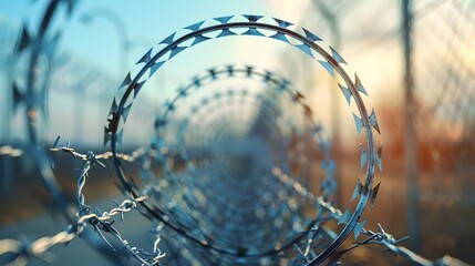 Barbed Wire Fence in Realistic Hyper-Detailed Rendering - obrazy, fototapety, plakaty