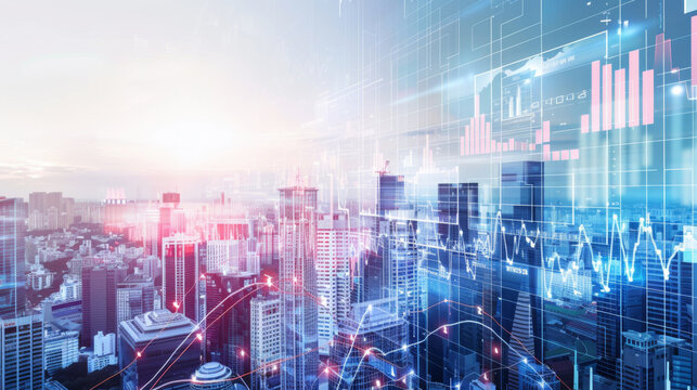 cityscape with modern skyscrapers and overlaid financial graphs, symbolizing the bustling economy and the stock market.