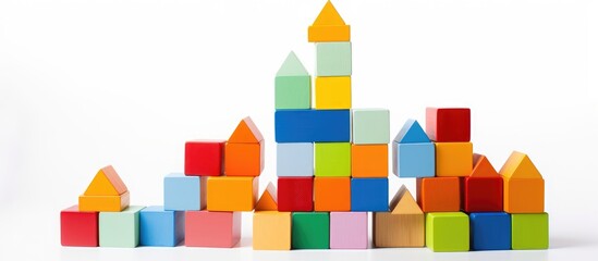 A collection of vibrant wooden blocks stacked in a playful manner on a white background. The blocks vary in color and size, creating a visually appealing arrangement.