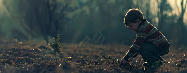 Boy planting a tree in the dirt, in the style of bokeh panorama - obrazy, fototapety, plakaty