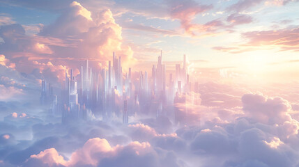Fantasy Cityscape Among Clouds at Sunset Illustration - obrazy, fototapety, plakaty