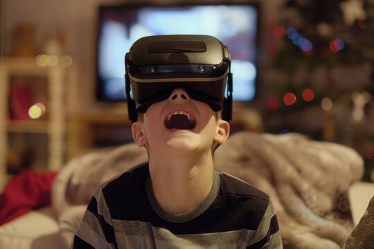 young boy virtual reality, at home, happy mockup screen